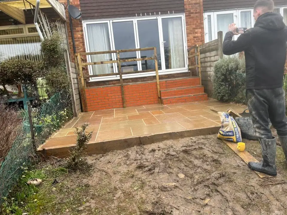 New sandstone patio and steps after completion by Boss Landscape Gardening