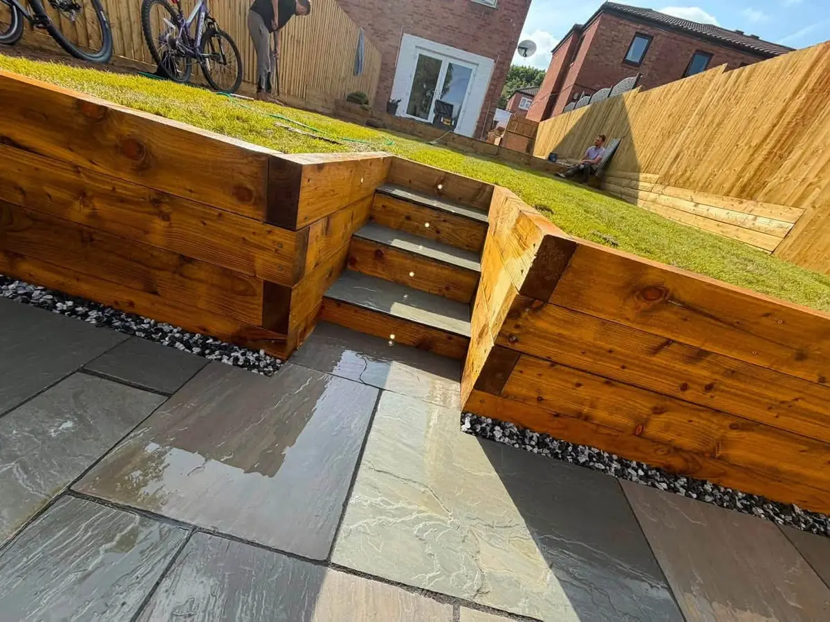 Timber sleeper retaining wall and steps down to a patio